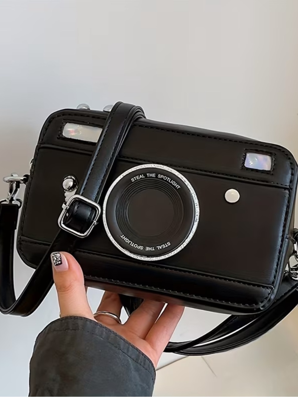 Target Black Camera-Shaped Crossbody Bag with Silver Accents